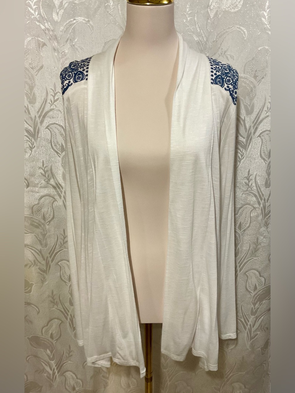 JKLA White Open-Front Draped Cardigan with Blue Embroidered Embellishments